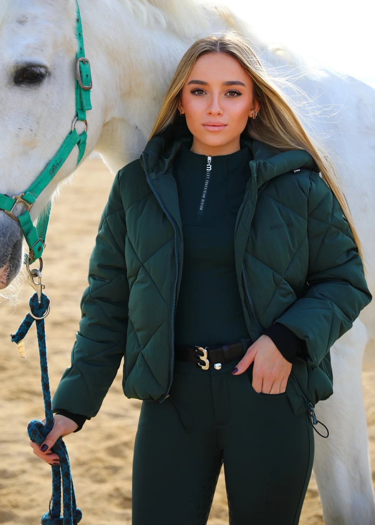 キルティングダウンジャケット ダークグリーン フード付き レディース Bullet Equestrian design