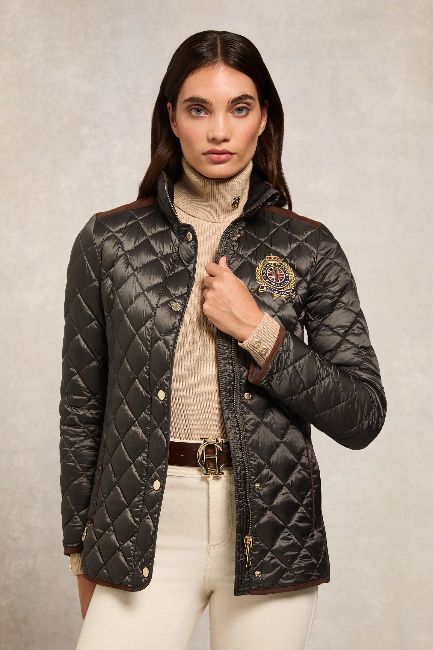 Women's quilted down jacket in black/khaki/dark navy/chocolate by Holland Cooper