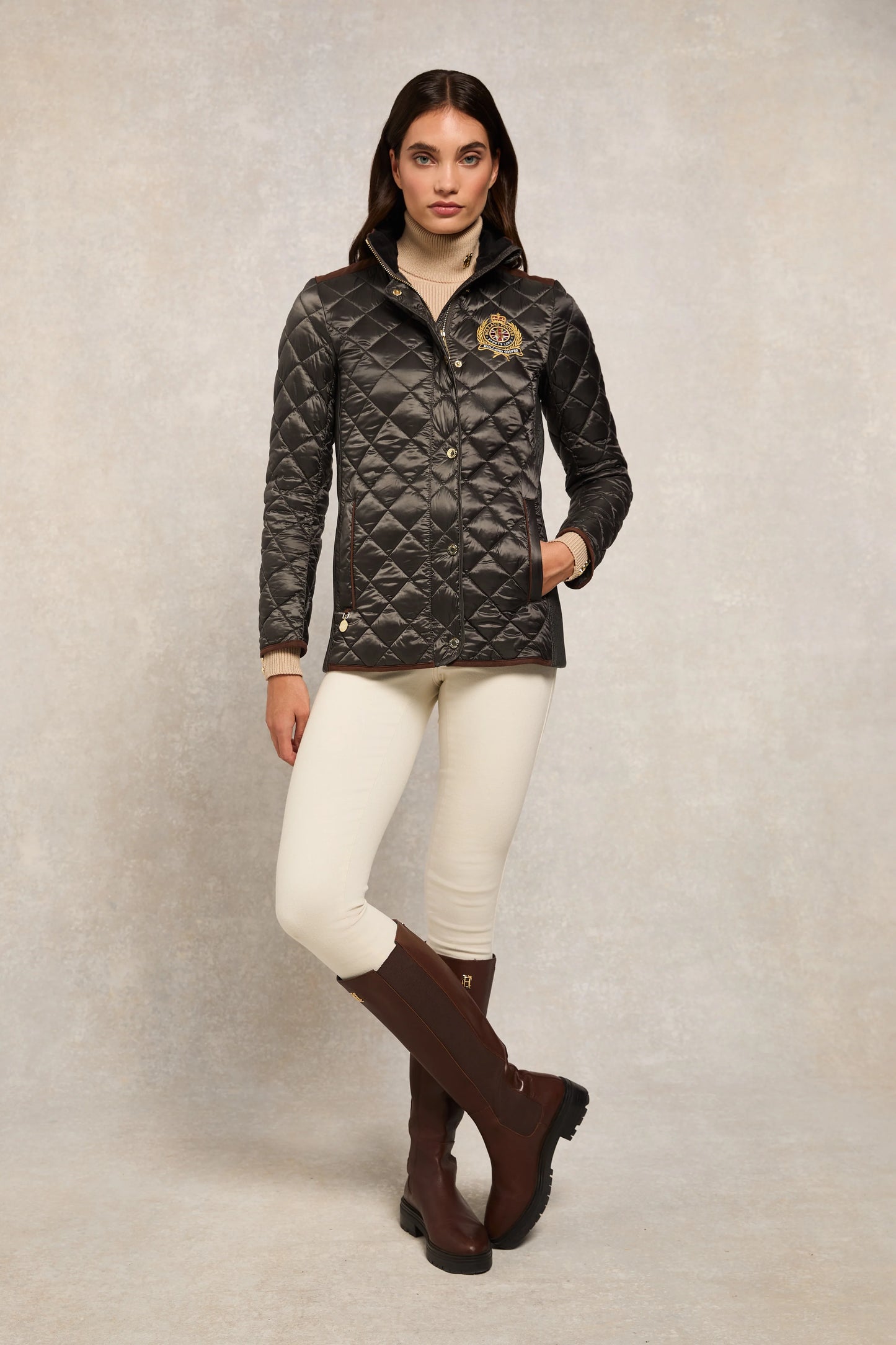 Women's quilted down jacket in black/khaki/dark navy/chocolate by Holland Cooper