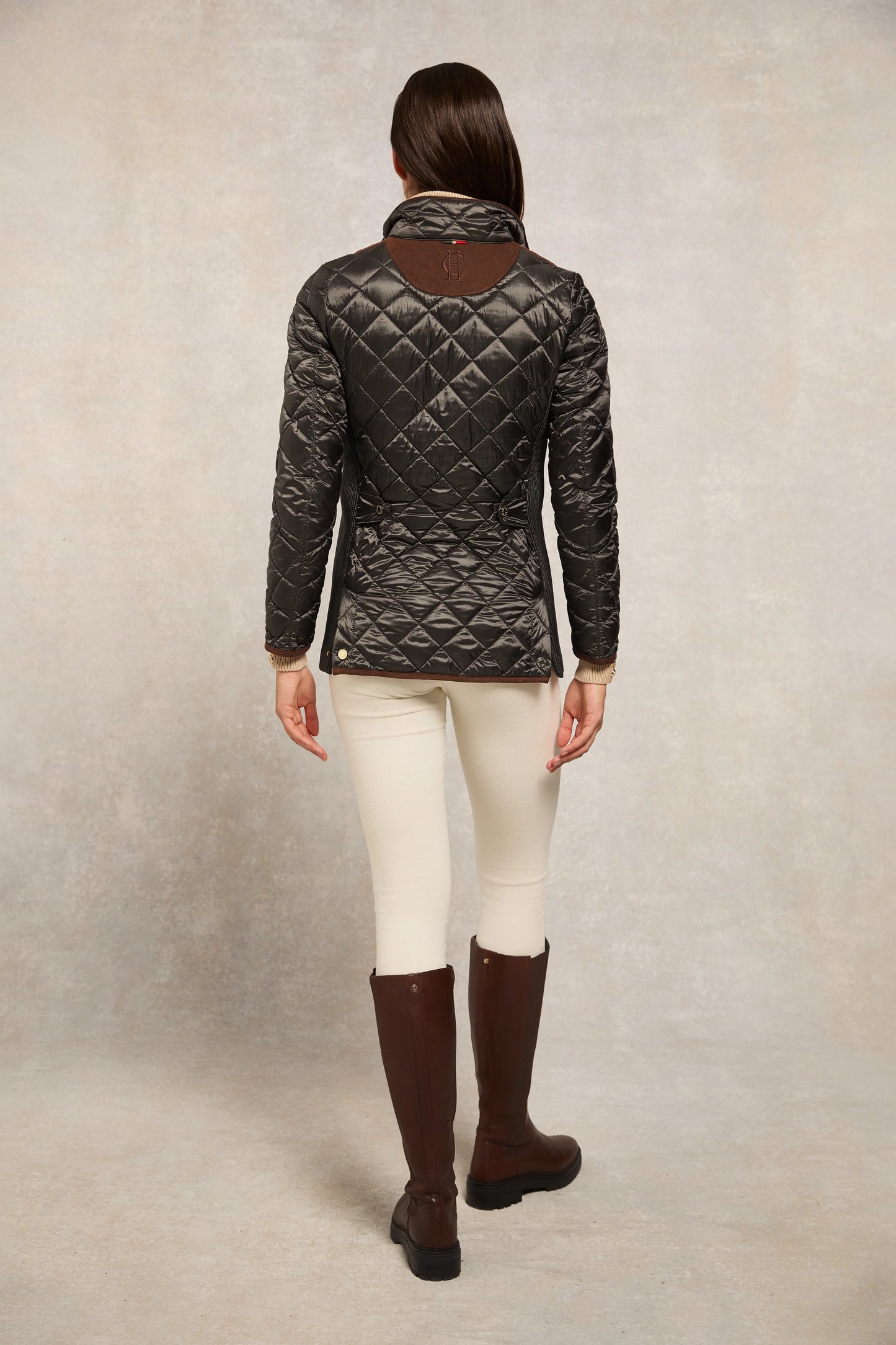 Women's quilted down jacket in black/khaki/dark navy/chocolate by Holland Cooper