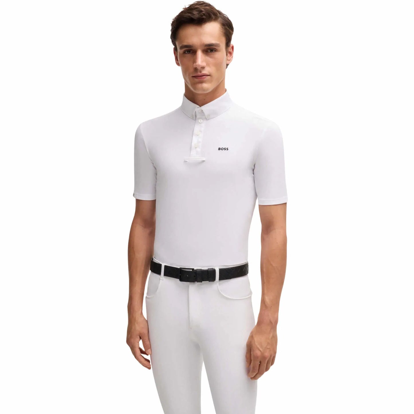 Men's Power Stretch Competition Shirt with Tie Holder, Short Sleeve, White/Blue, Boss