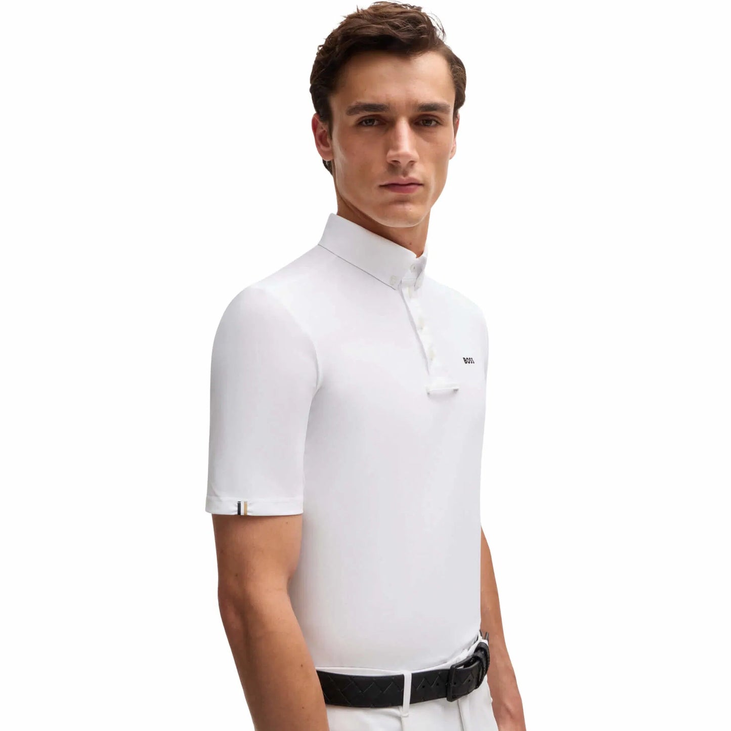 Men's Power Stretch Competition Shirt with Tie Holder, Short Sleeve, White/Blue, Boss