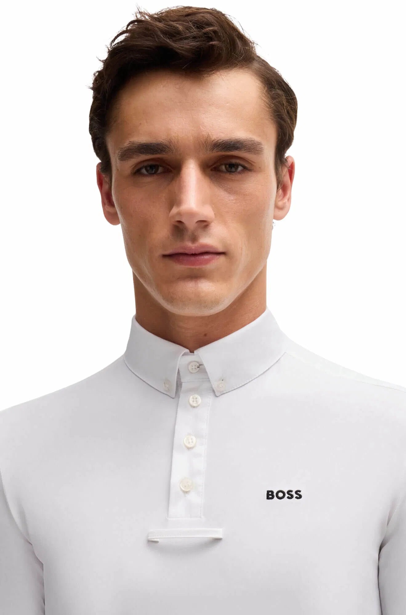 Men's Power Stretch Competition Shirt with Tie Holder, Short Sleeve, White/Blue, Boss