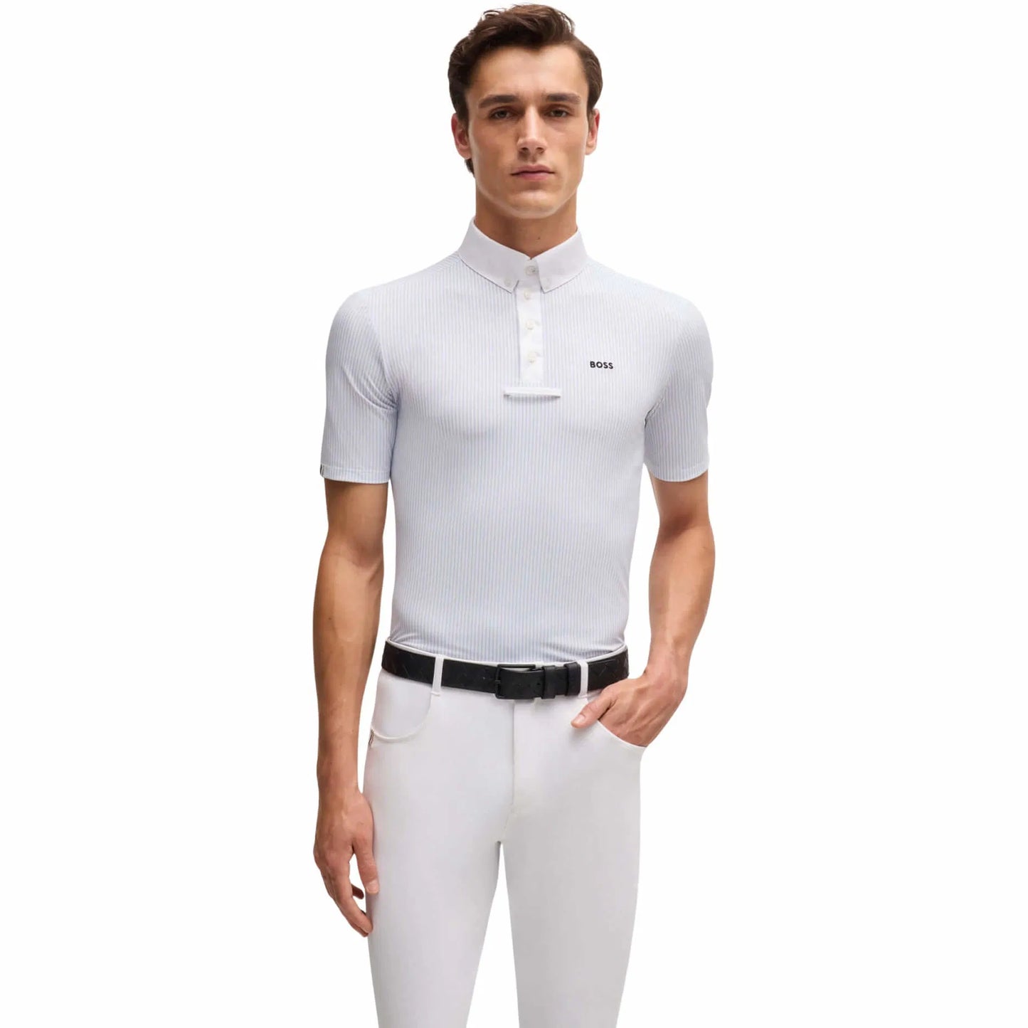 Men's Power Stretch Competition Shirt with Tie Holder, Short Sleeve, White/Blue, Boss