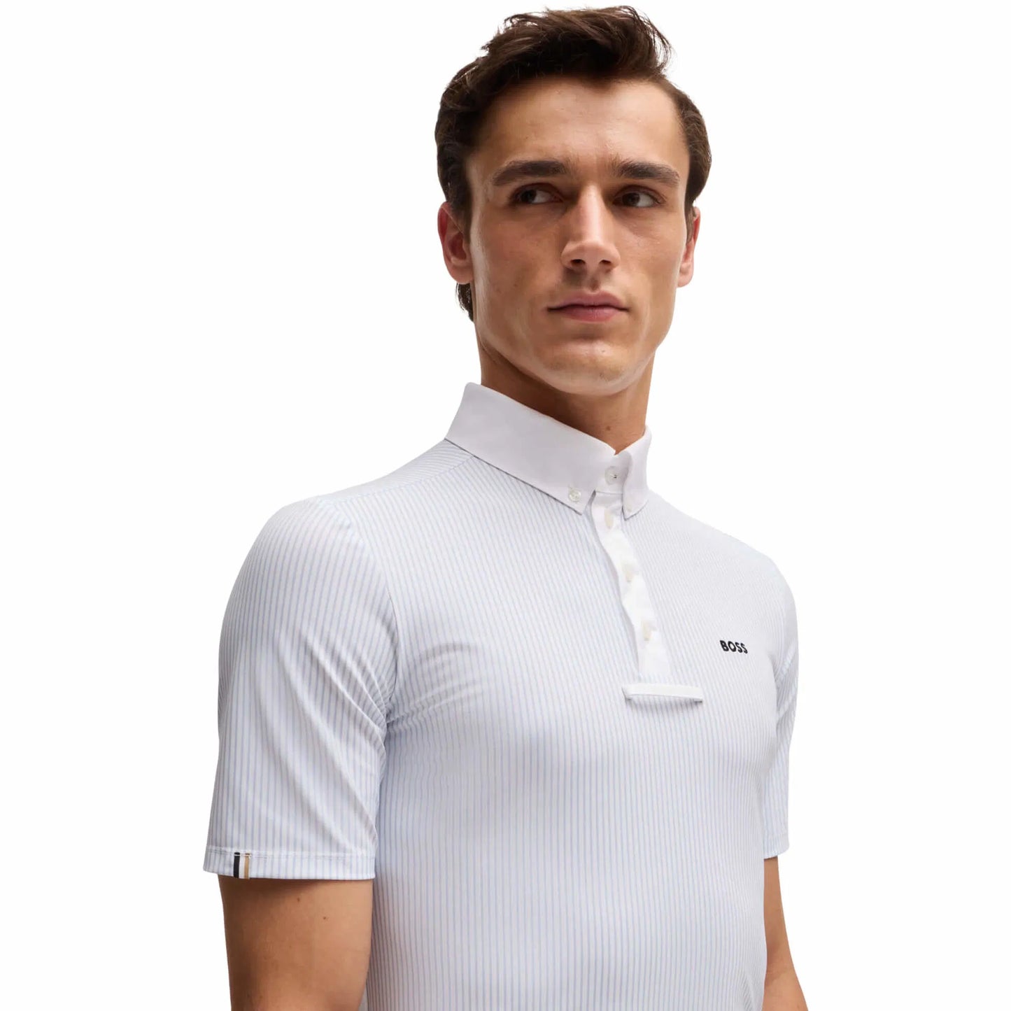 Men's Power Stretch Competition Shirt with Tie Holder, Short Sleeve, White/Blue, Boss