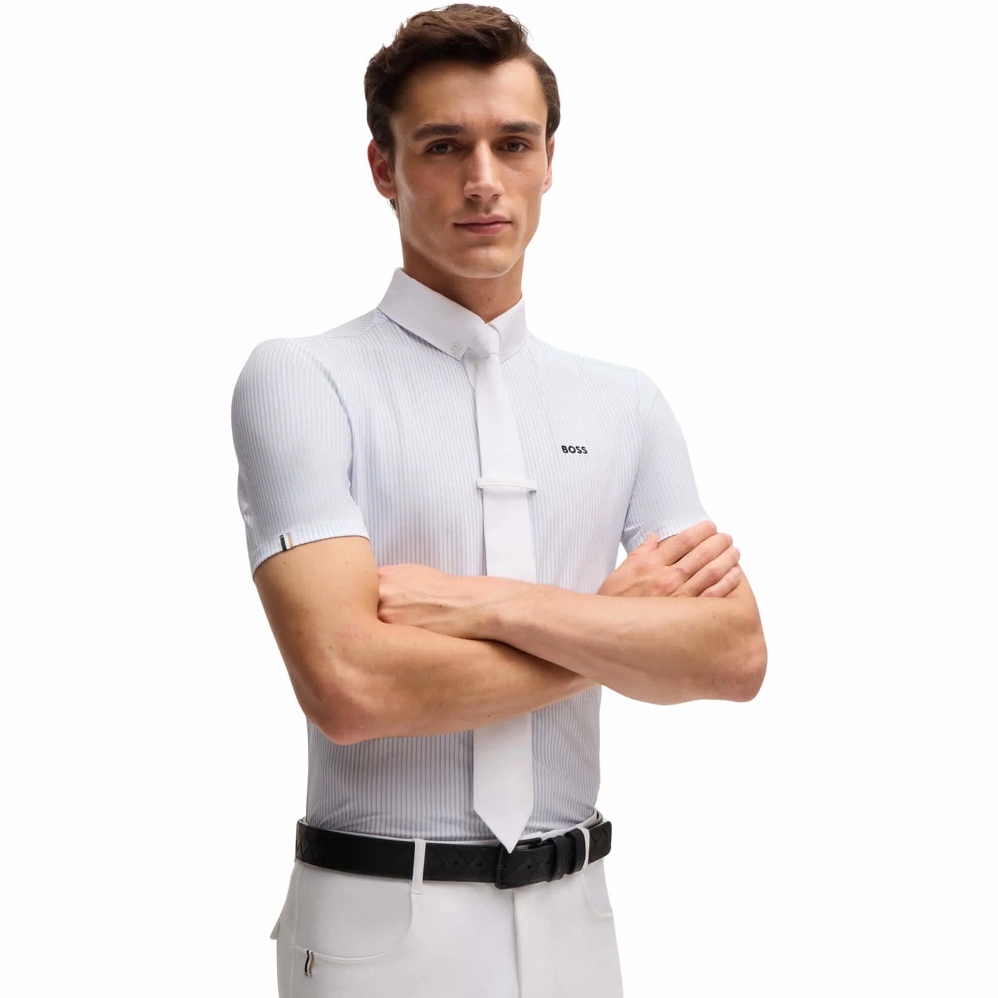 Men's Power Stretch Competition Shirt with Tie Holder, Short Sleeve, White/Blue, Boss