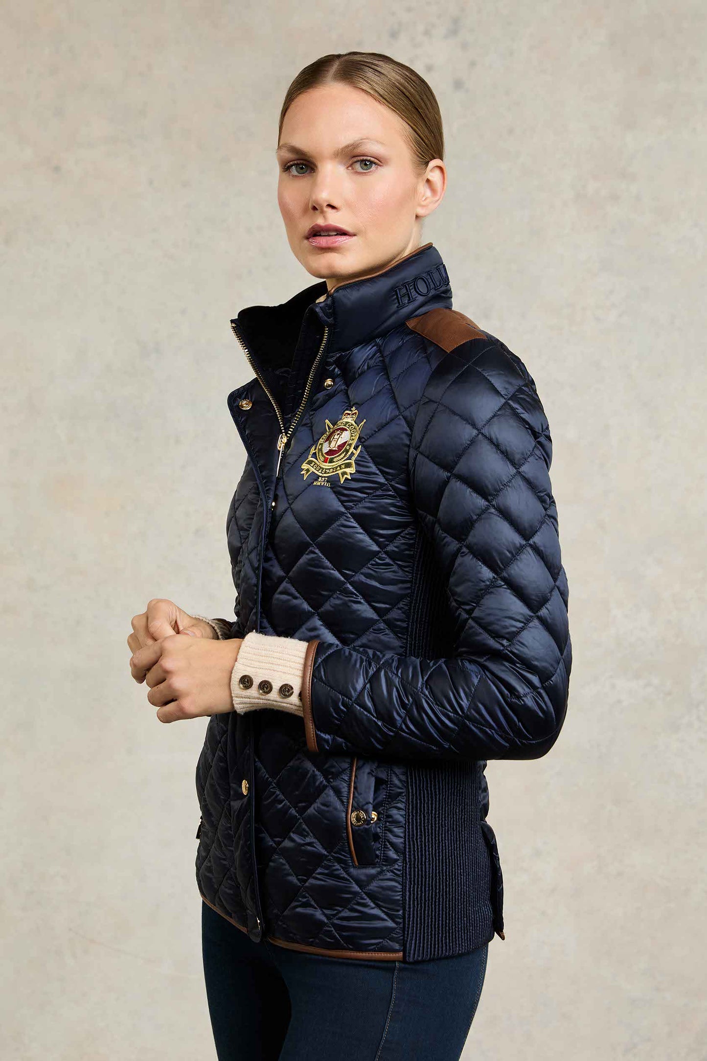 Women's quilted down jacket in black/khaki/dark navy/chocolate by Holland Cooper