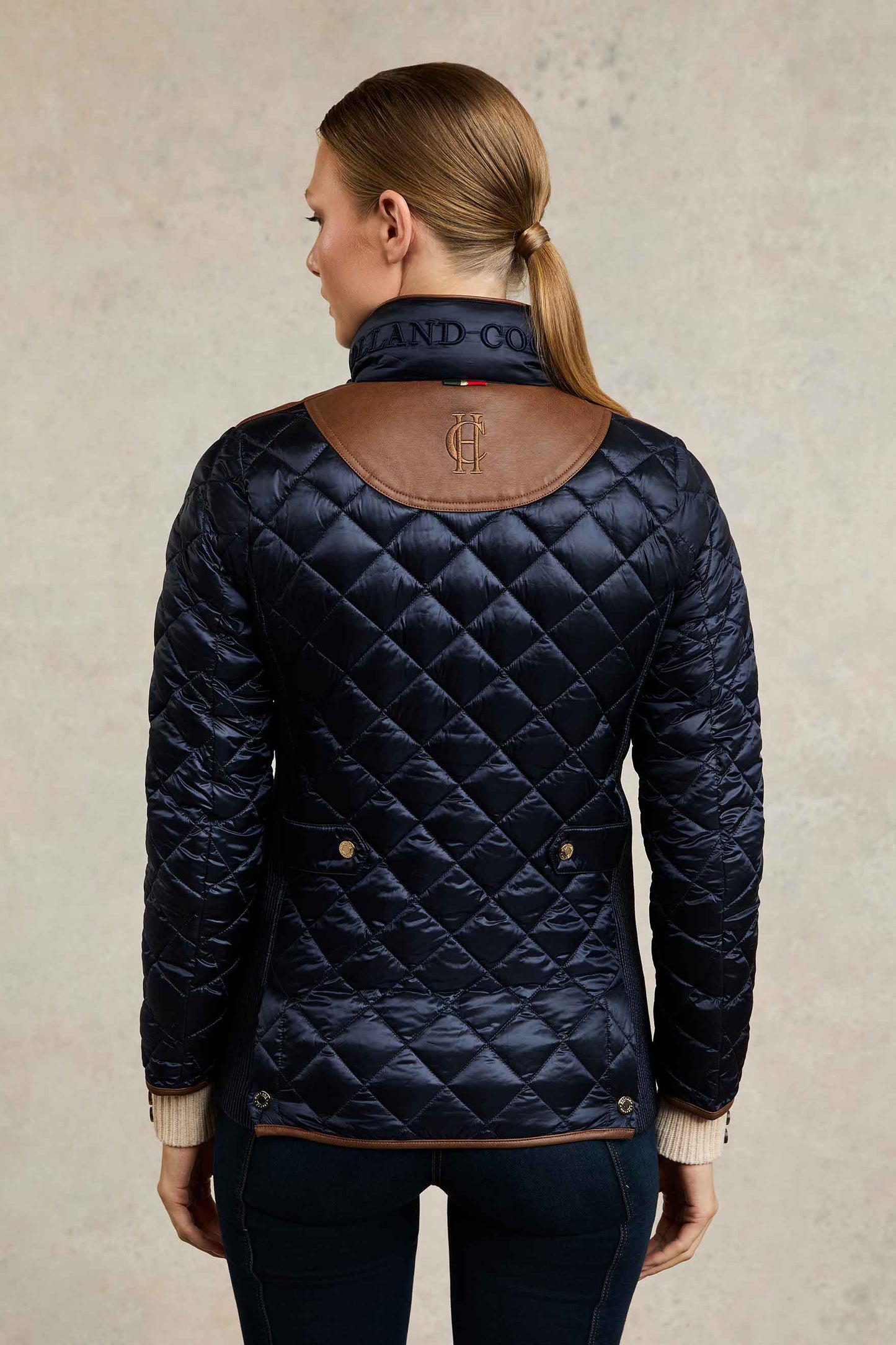Women's quilted down jacket in black/khaki/dark navy/chocolate by Holland Cooper