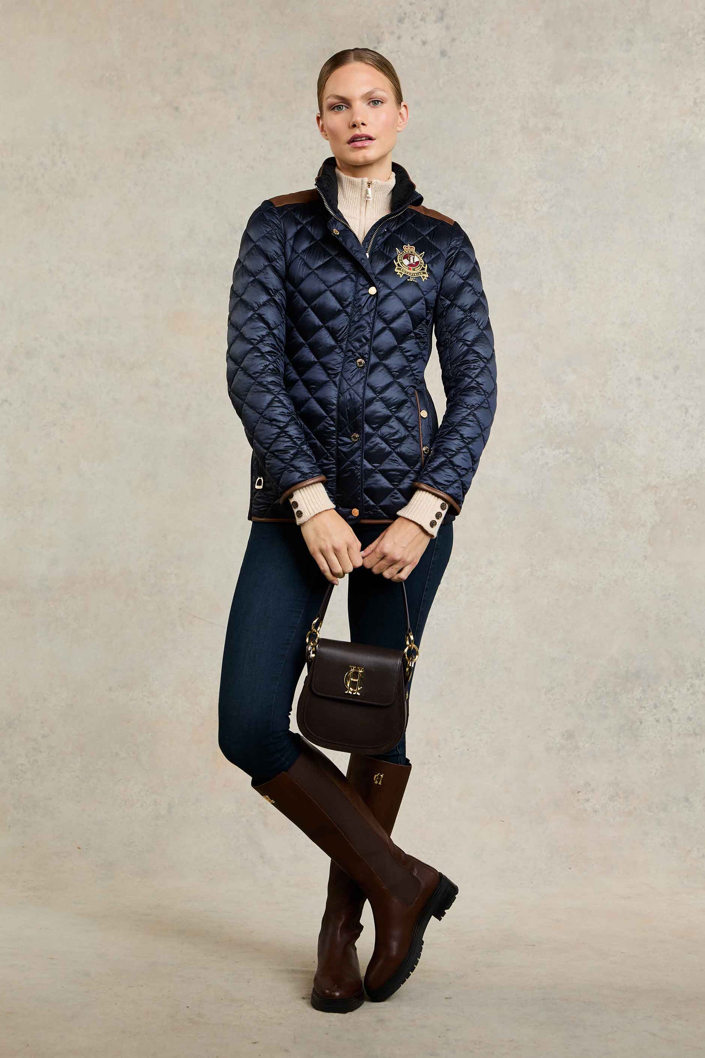 Women's quilted down jacket in black/khaki/dark navy/chocolate by Holland Cooper