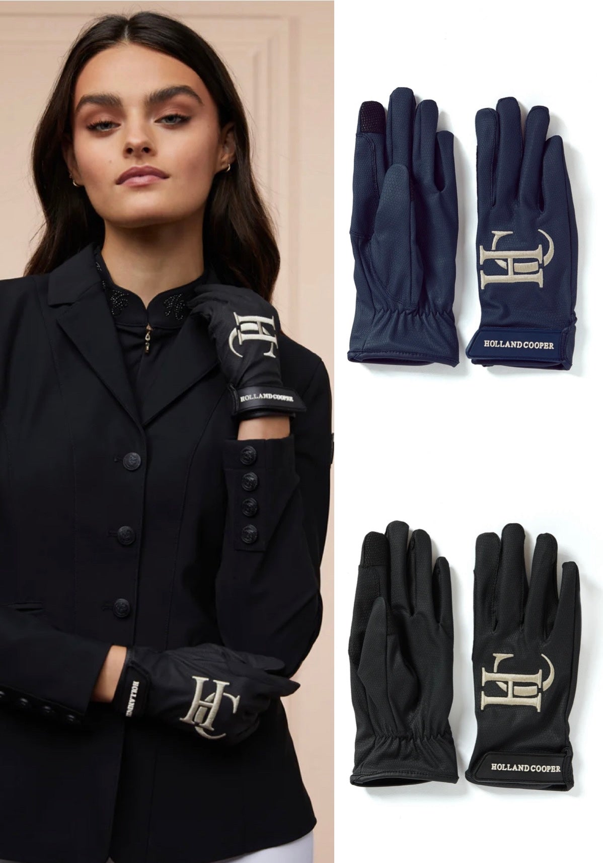 Technical Leather Riding Gloves with Smartphone Control for Women, Black/Navy, Holland Cooper
