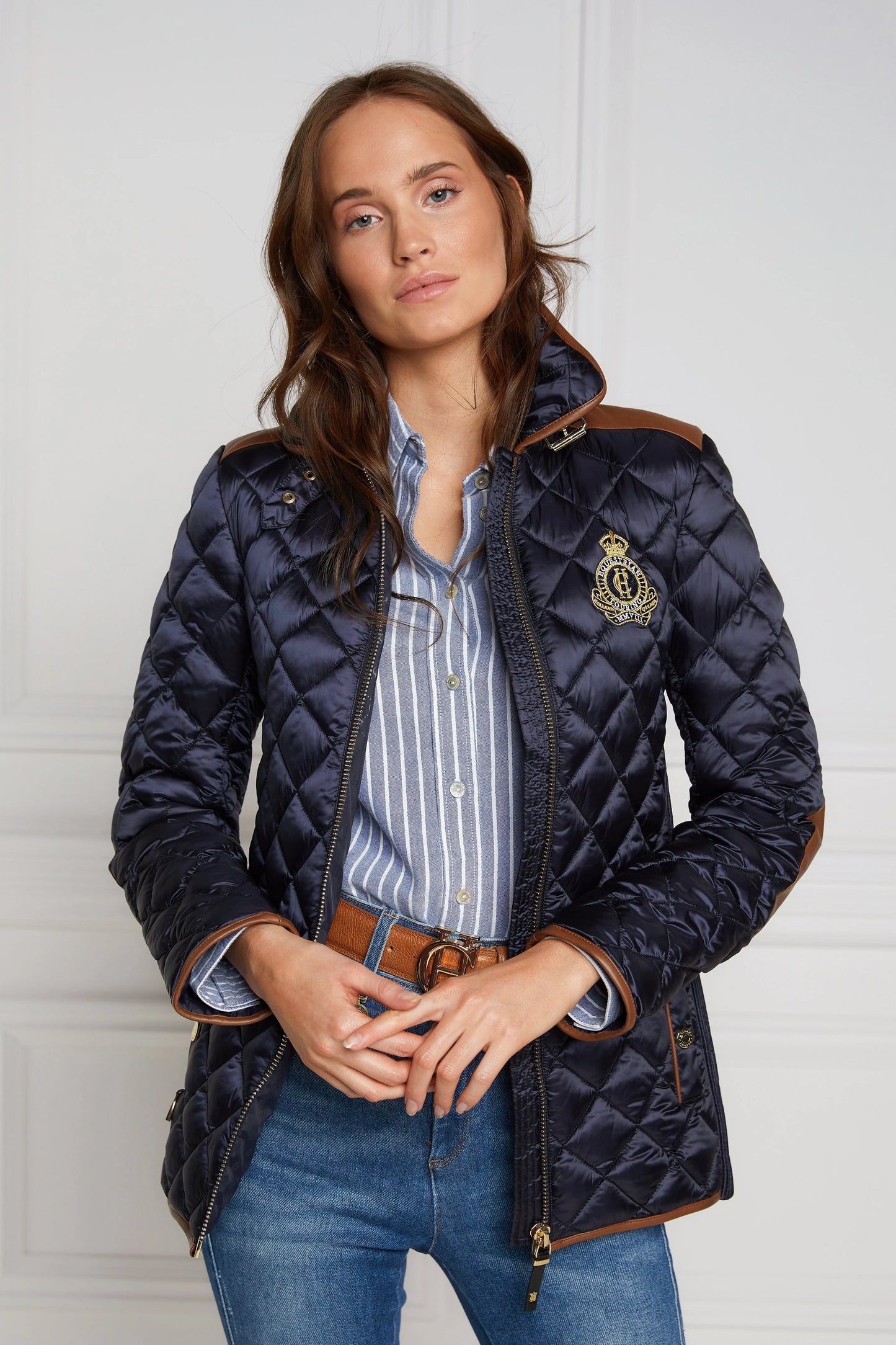 Women's quilted down jacket in black/khaki/dark navy/chocolate by Holland Cooper