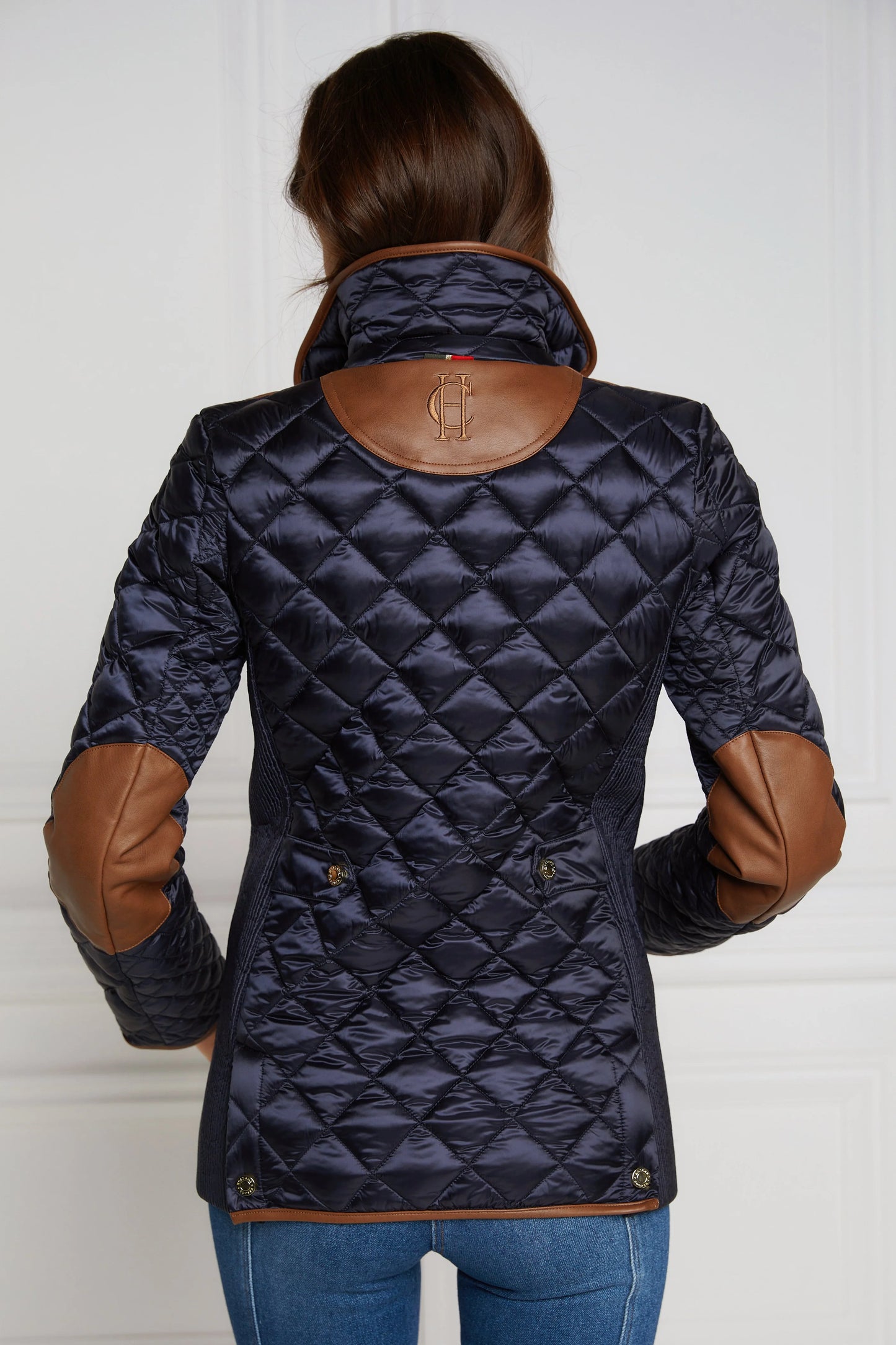 Women's quilted down jacket in black/khaki/dark navy/chocolate by Holland Cooper