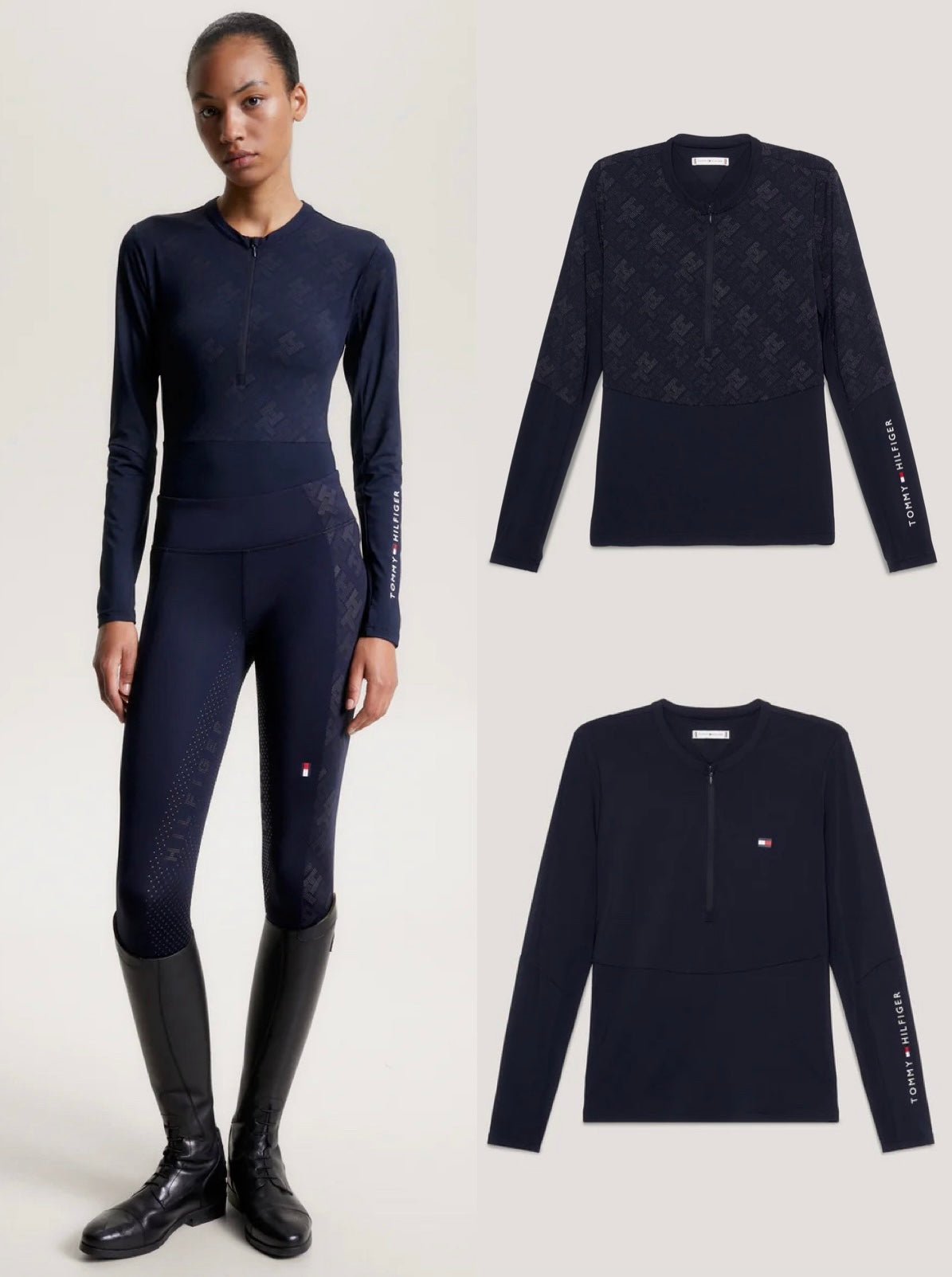 Tommy Hilfiger Equestrian Long Sleeve Top with Zip Pockets, Multi Logo/Navy