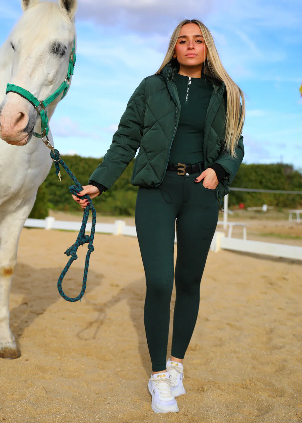 キルティングダウンジャケット ダークグリーン フード付き レディース Bullet Equestrian design