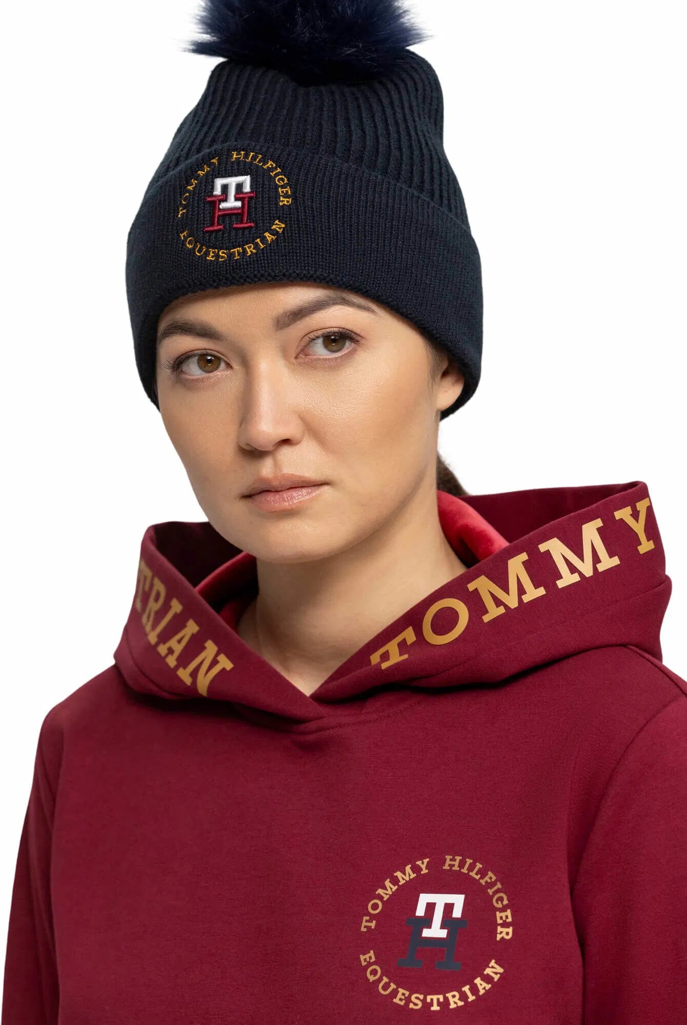 ユニセックスニット帽 裏起毛 ポンポン付き ネイビー/ルージュ Tommy Hilfiger Equestrian