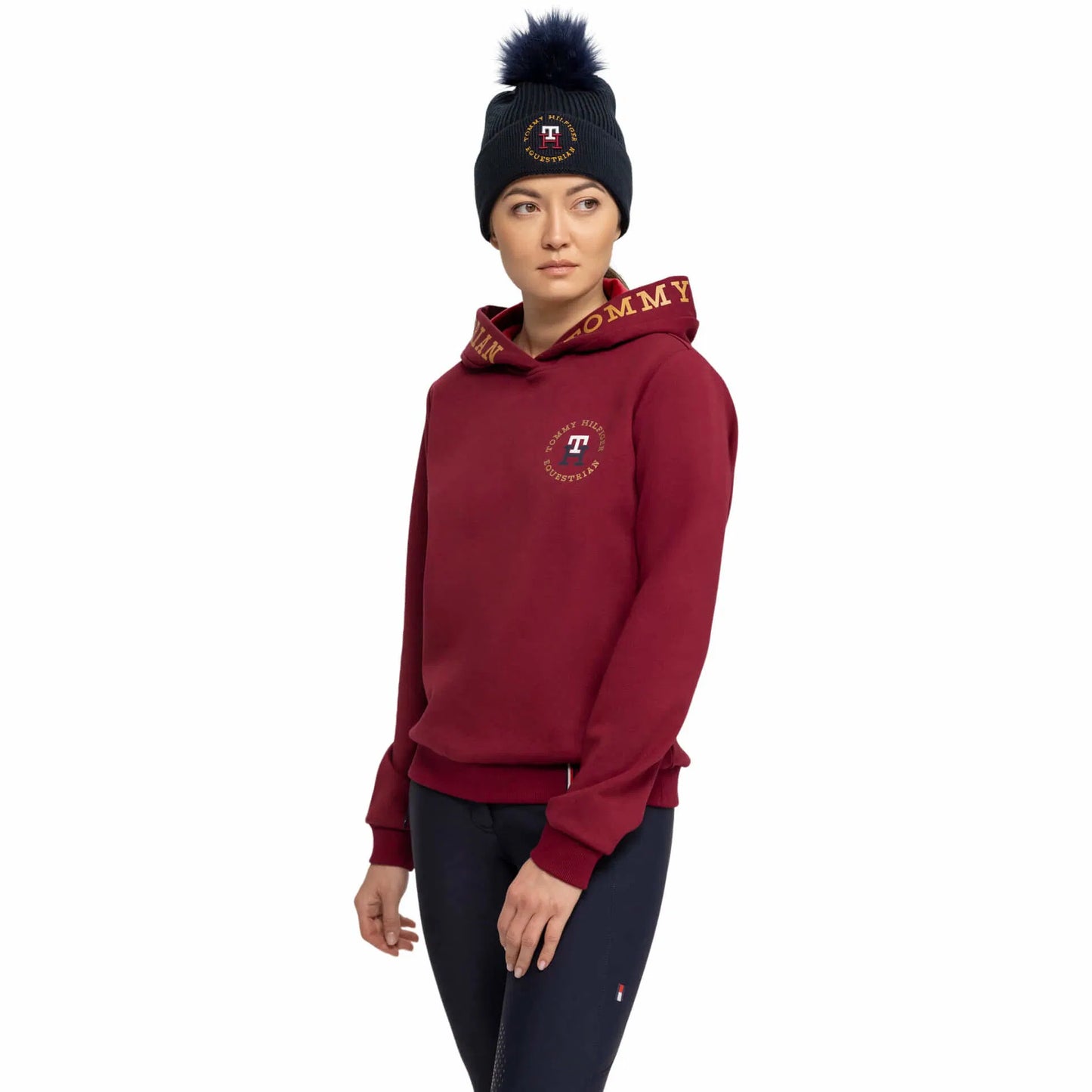 ユニセックスニット帽 裏起毛 ポンポン付き ネイビー/ルージュ Tommy Hilfiger Equestrian