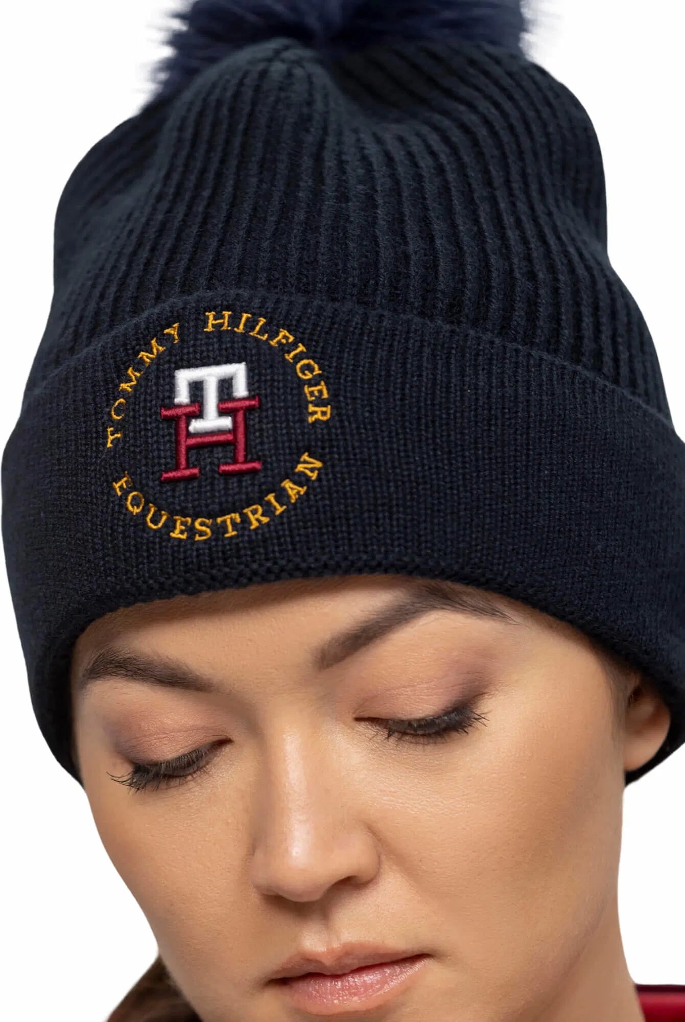 ユニセックスニット帽 裏起毛 ポンポン付き ネイビー/ルージュ Tommy Hilfiger Equestrian