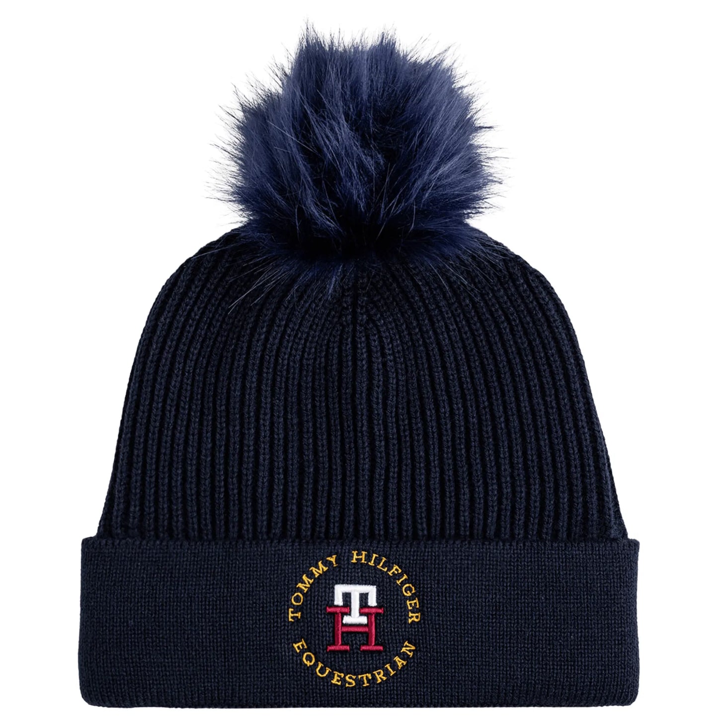 ユニセックスニット帽 裏起毛 ポンポン付き ネイビー/ルージュ Tommy Hilfiger Equestrian