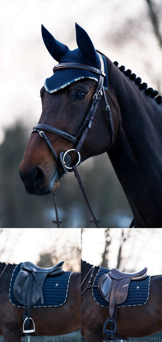 速乾サドルパッド&イヤーネット 2点セット ネイビー 馬場/障害 Bullet Equestrian design フル