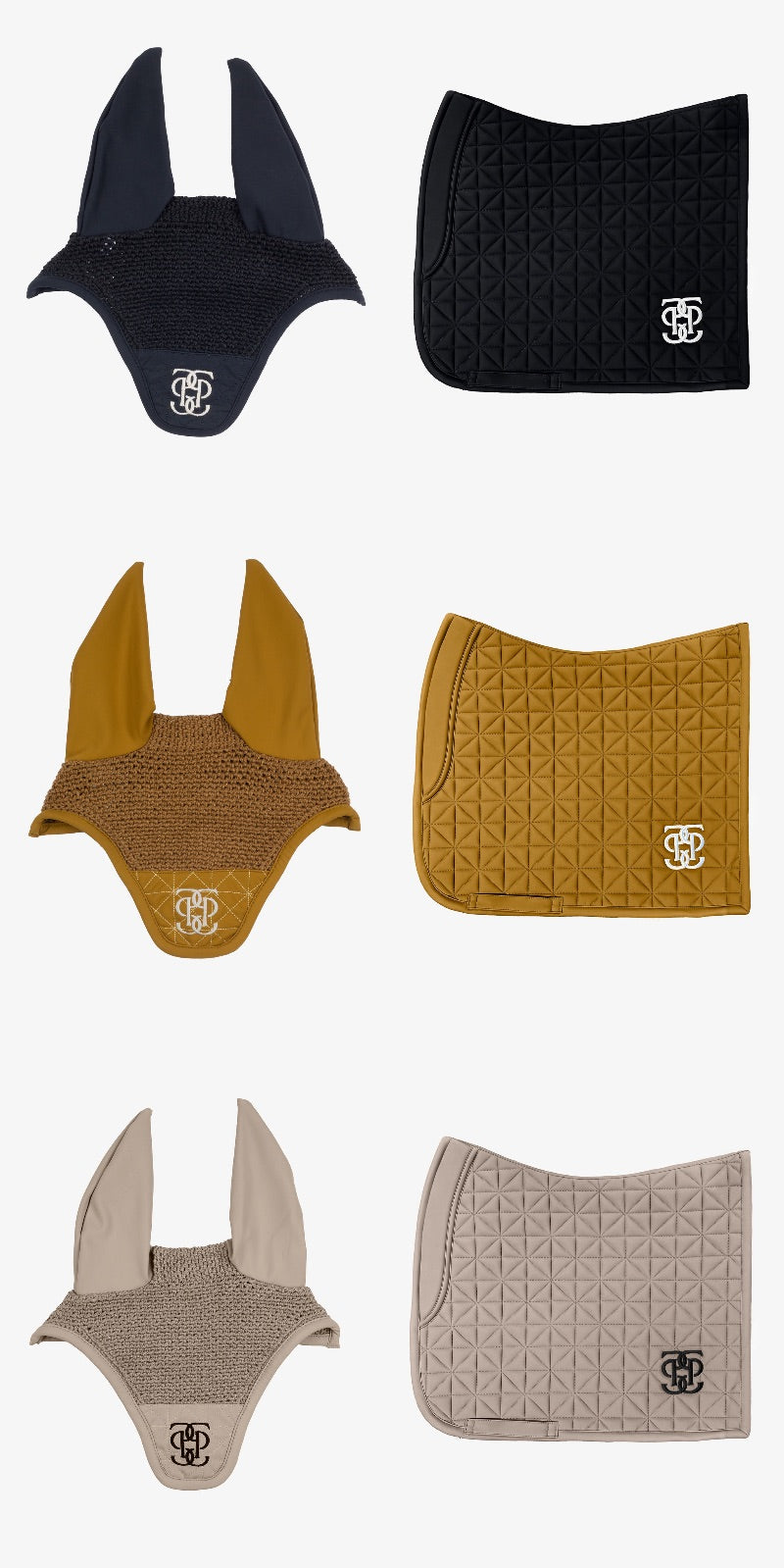【2点セット】馬場用ゼッケン&イヤーネット ダイヤモンドキルティング ラテ/ブラック/ゴールデンブラウン Ps of Sweden