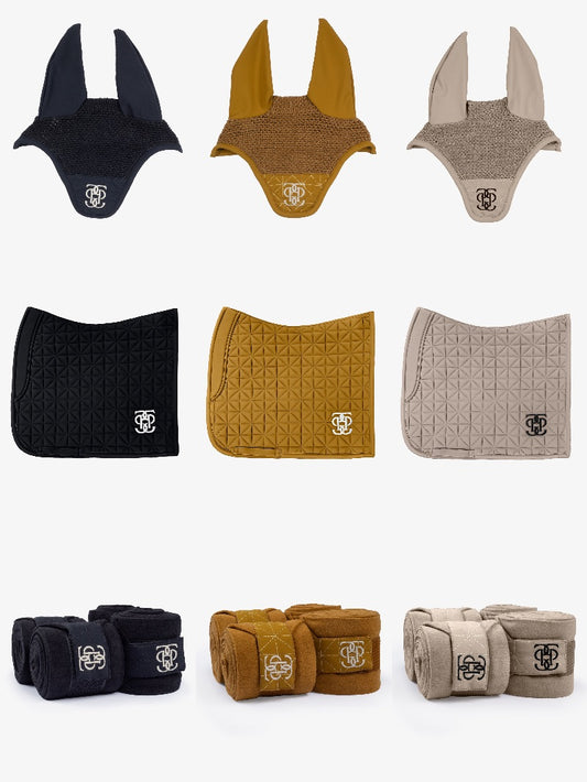 【3点セット】馬場用ゼッケン&イヤーネット&肢巻 ダイヤモンドキルティング ラテ/ブラック/ゴールデンブラウン Ps of Sweden