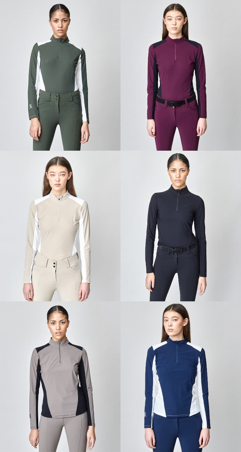 乗馬用メッシュ長袖シャツ UVカット 伸縮性テクニカル素材 フロントジップ 6色 Yagya