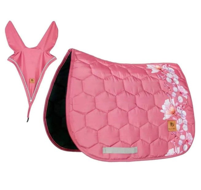 サテンレースサドルパッド&ロングイヤーネット セット ローズベージュ/ブラック 馬場用 障害用 ゼッケン