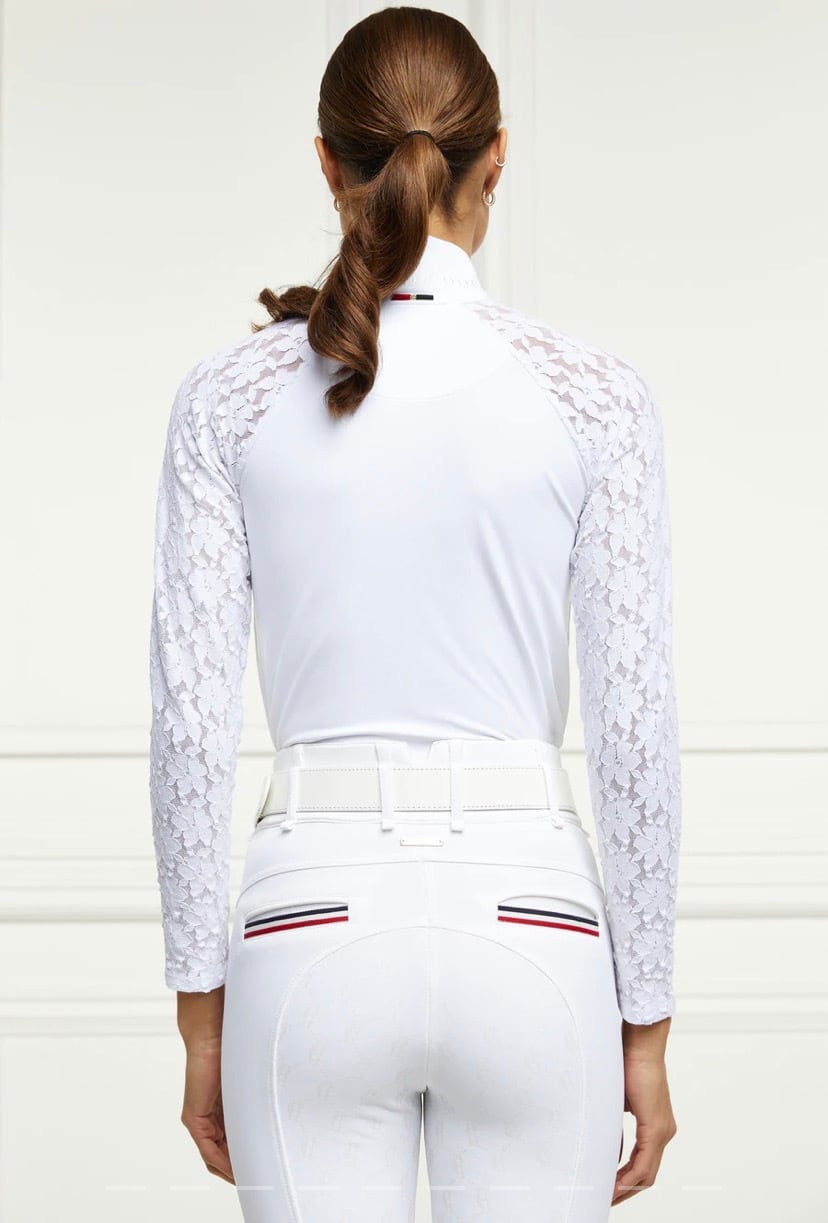 Holland Cooper Women's Long Sleeve Athletic Shirt in White with Floral Lace