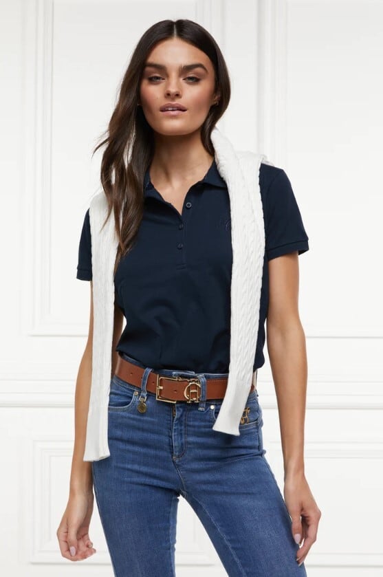 Women's short-sleeved polo shirt for horse riding, cotton, dark navy/white, Holland Cooper