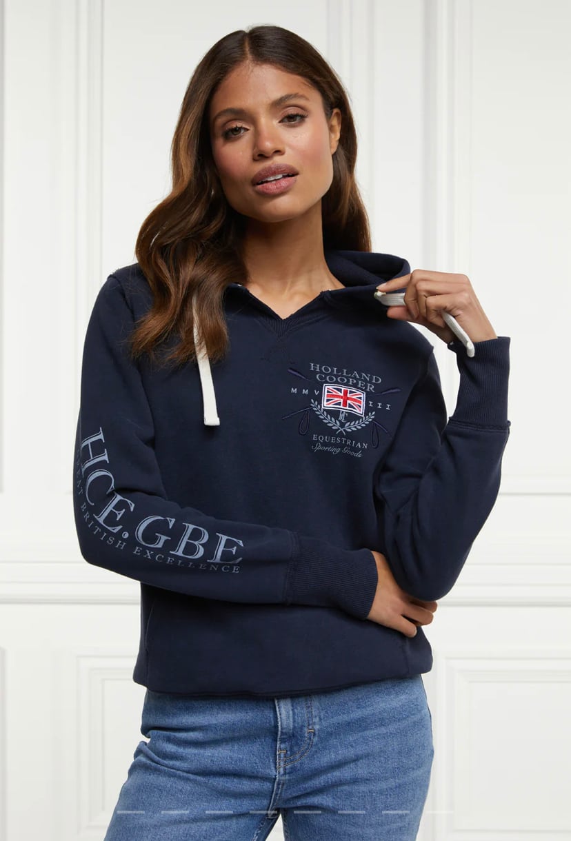Women's Holland Cooper riding sweatshirt hoodie in navy/khaki/red