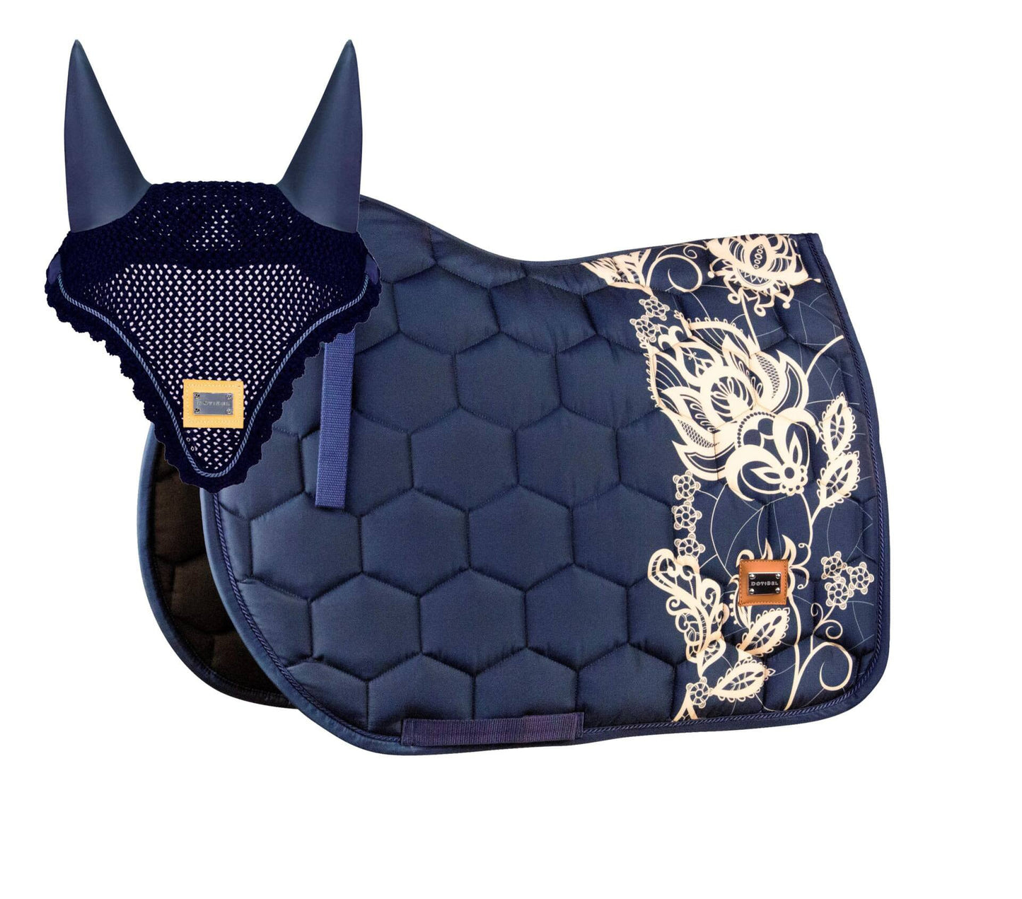 サテンレースサドルパッド&イヤーネット 2点セット ネイビー/ベージュ 馬場用 障害用 ゼッケン イヤーネット