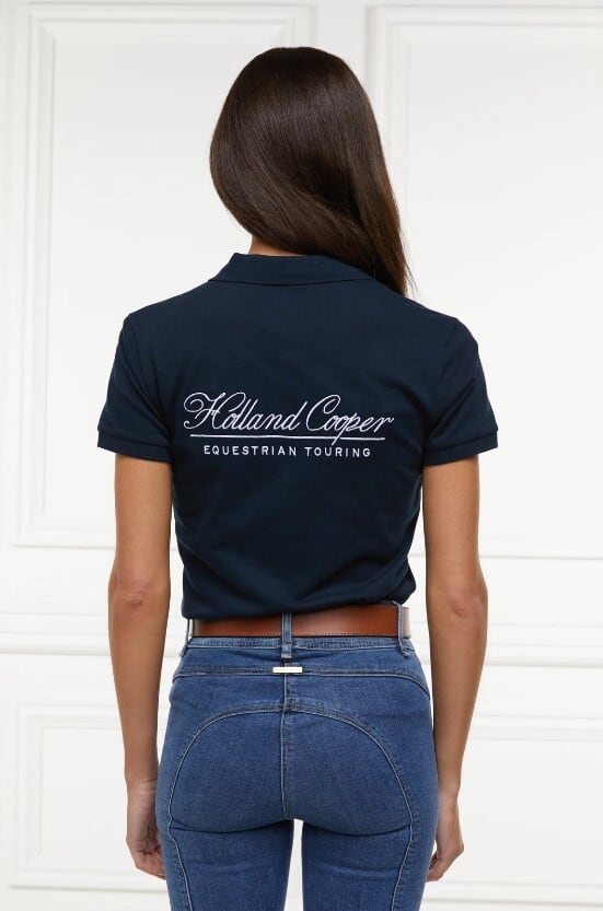 Women's short-sleeved polo shirt for horse riding, cotton, dark navy/white, Holland Cooper