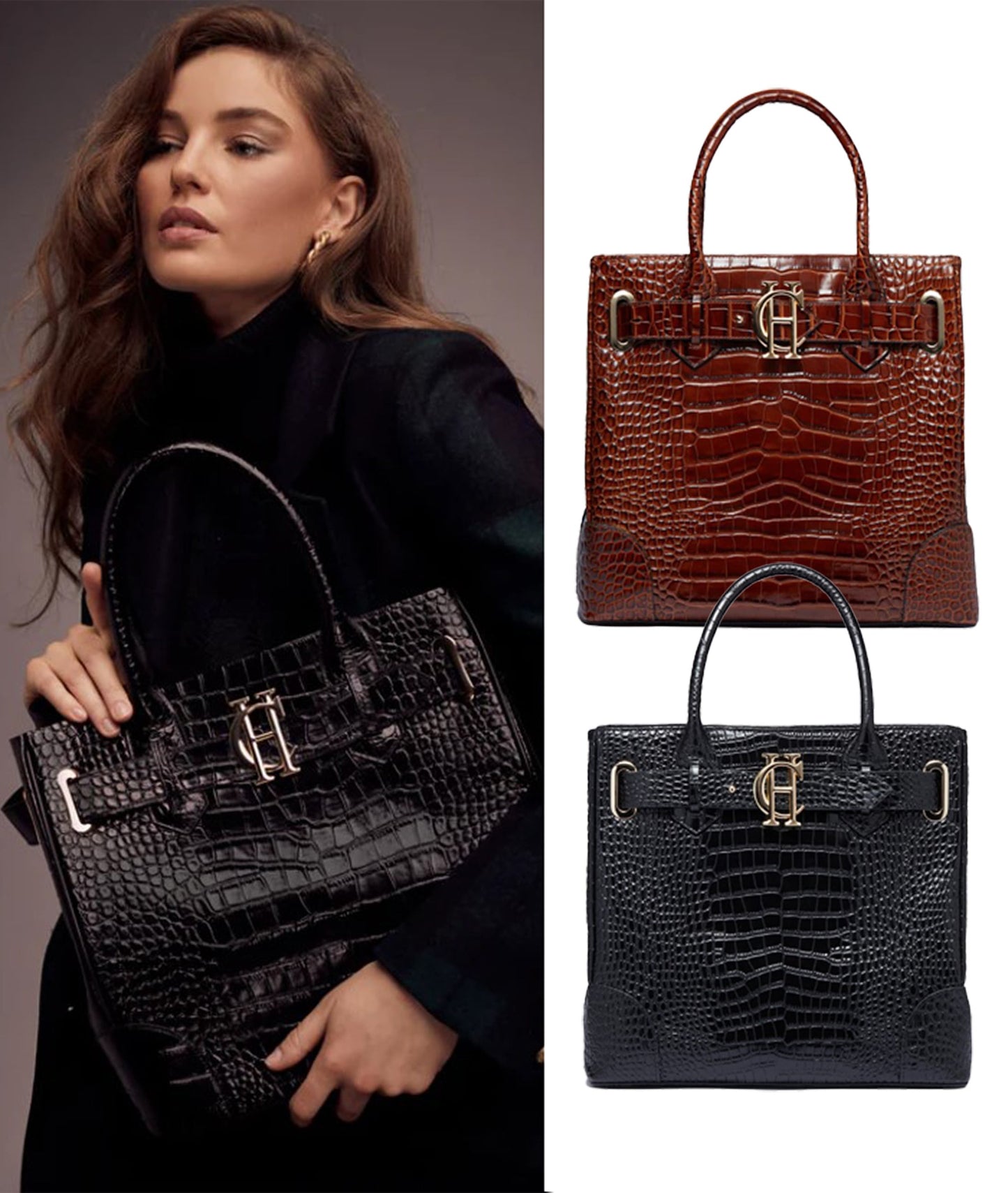 Crocodile tote bag Holland Cooper Brown/Black