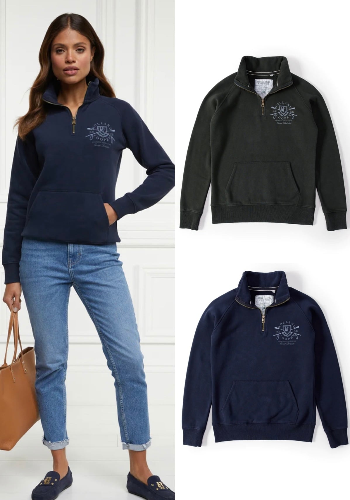 Women's Holland Cooper riding sweatshirt hoodie in navy/khaki/red