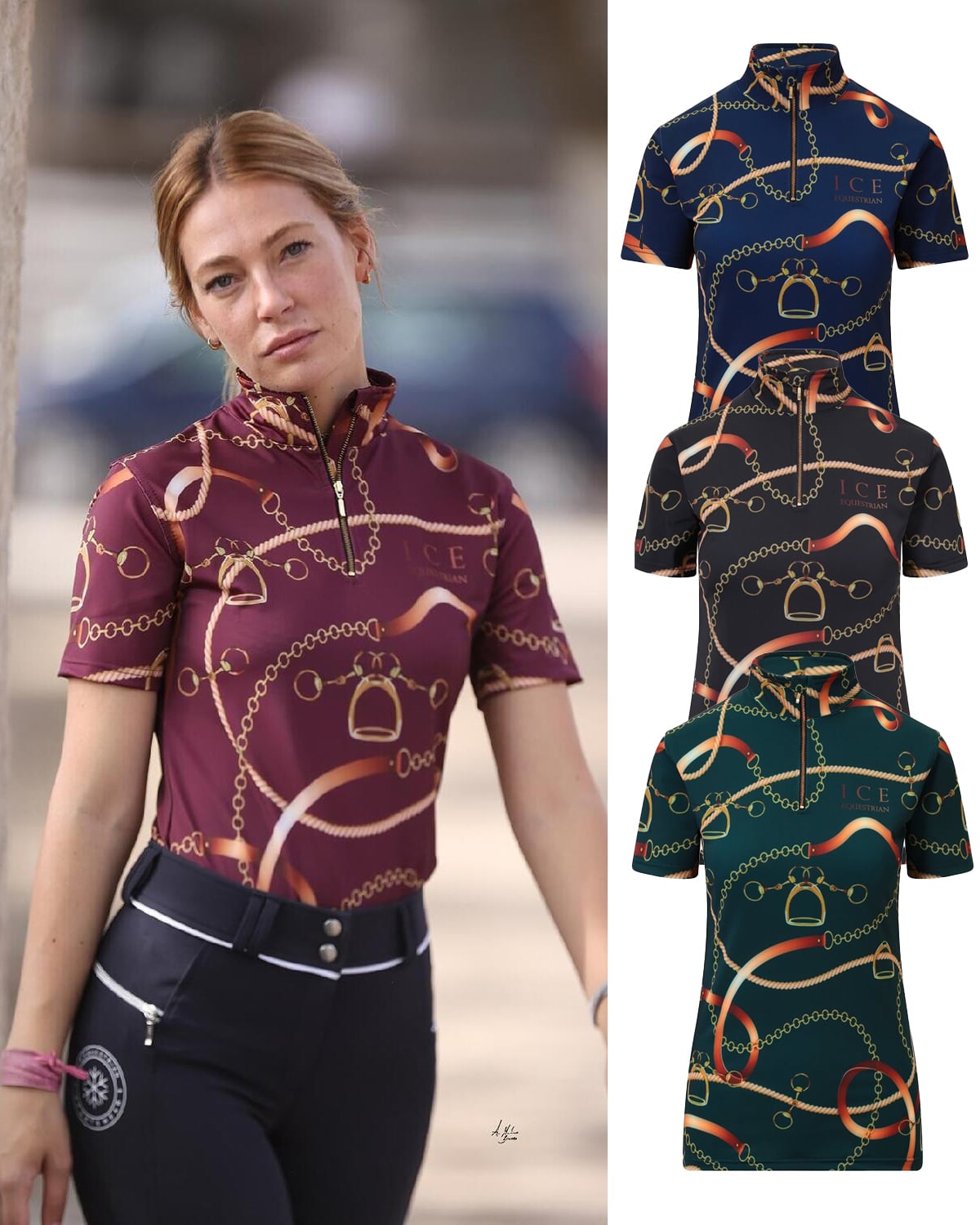 Women's UV-cut training shirt, short sleeves, ICE Equestrian, navy, black, velvet rose, jasmine