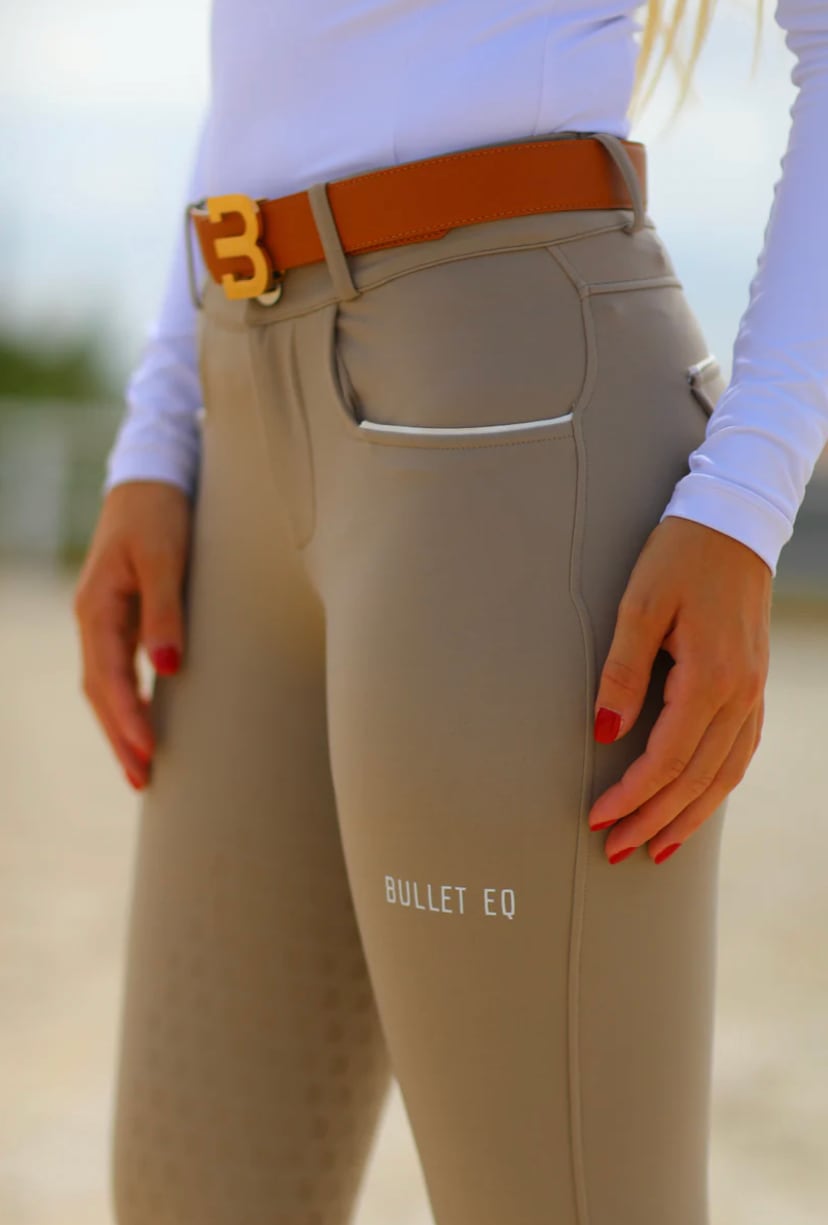 Women's Riding Culottes, 4-Way Stretch, Full Grip, Beige, Bullet Equestrian Design