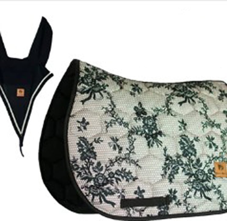 サテンレースサドルパッド&イヤーネット 2点セット ライトベージュ/ブラック 馬場用 障害用 ゼッケン