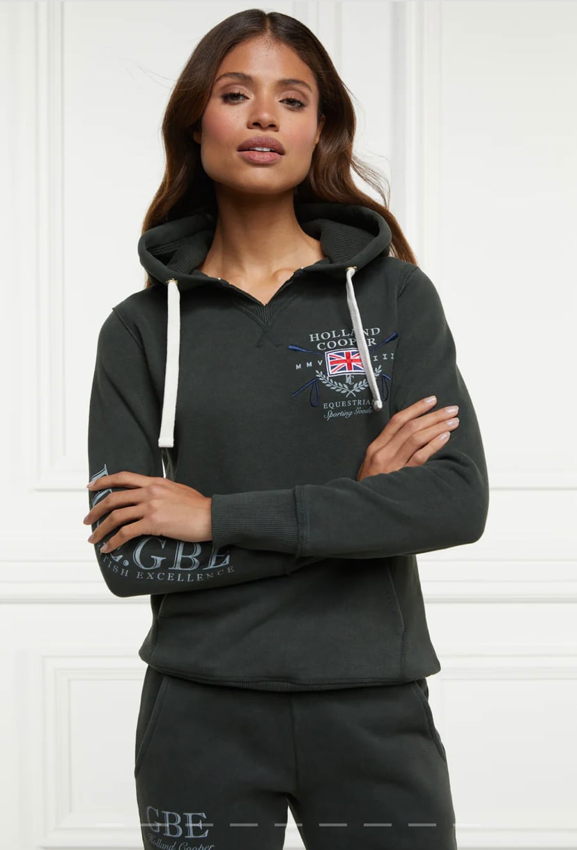 Women's Holland Cooper riding sweatshirt hoodie in navy/khaki/red