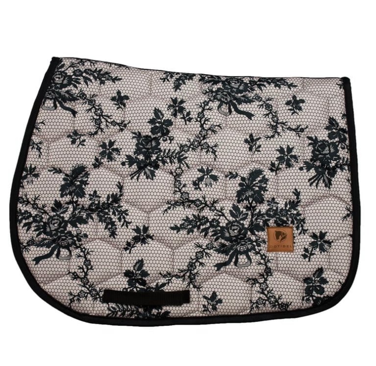 サテンレースサドルパッド&イヤーネット 2点セット ライトベージュ/ブラック 馬場用 障害用 ゼッケン