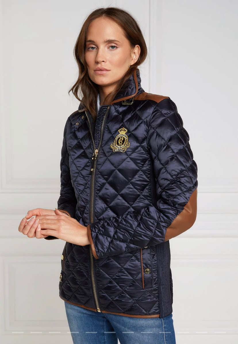 Women's quilted down jacket in black/khaki/dark navy/chocolate by Holland Cooper