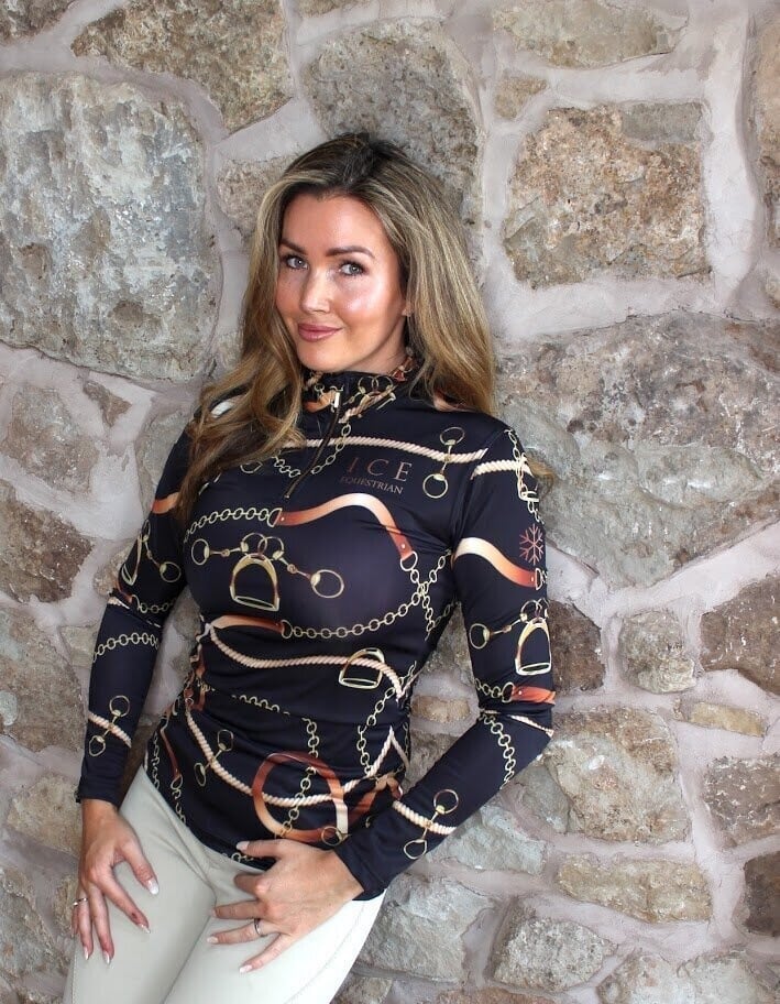 UVカットトレーニングシャツ レディース ICE Equestrian ネイビー・ブラック・ベルベットローズ