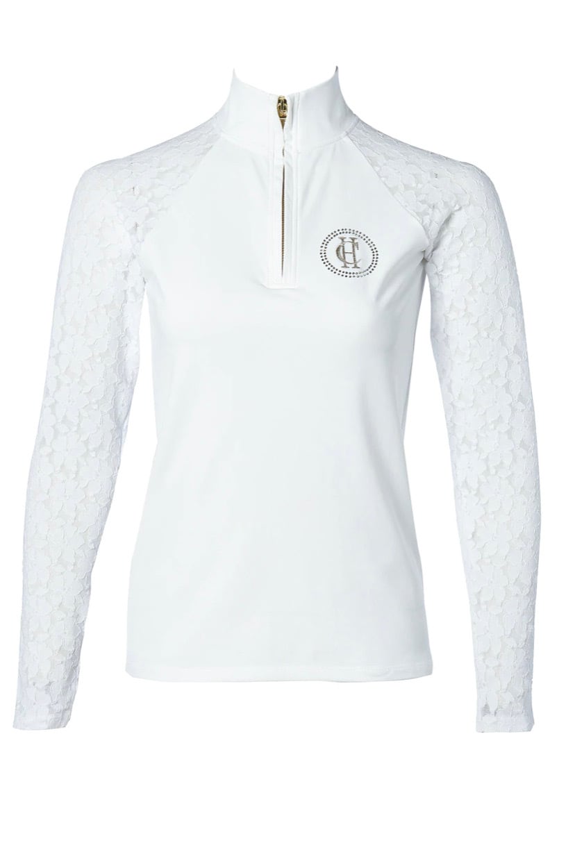 Holland Cooper Women's Long Sleeve Athletic Shirt in White with Floral Lace