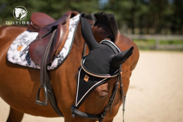 サテンレースサドルパッド&イヤーネット 2点セット ライトベージュ/ブラック 馬場用 障害用 ゼッケン