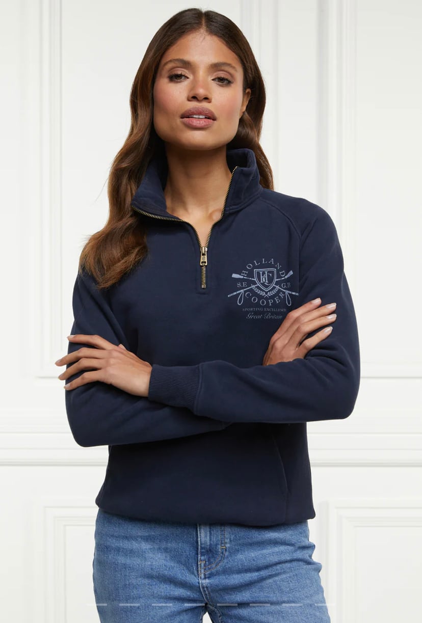 Women's Holland Cooper riding sweatshirt hoodie in navy/khaki/red