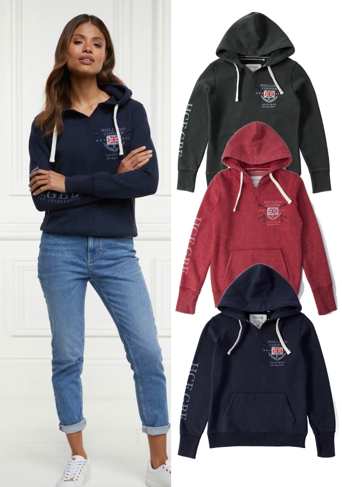 Women's Holland Cooper riding sweatshirt hoodie in navy/khaki/red