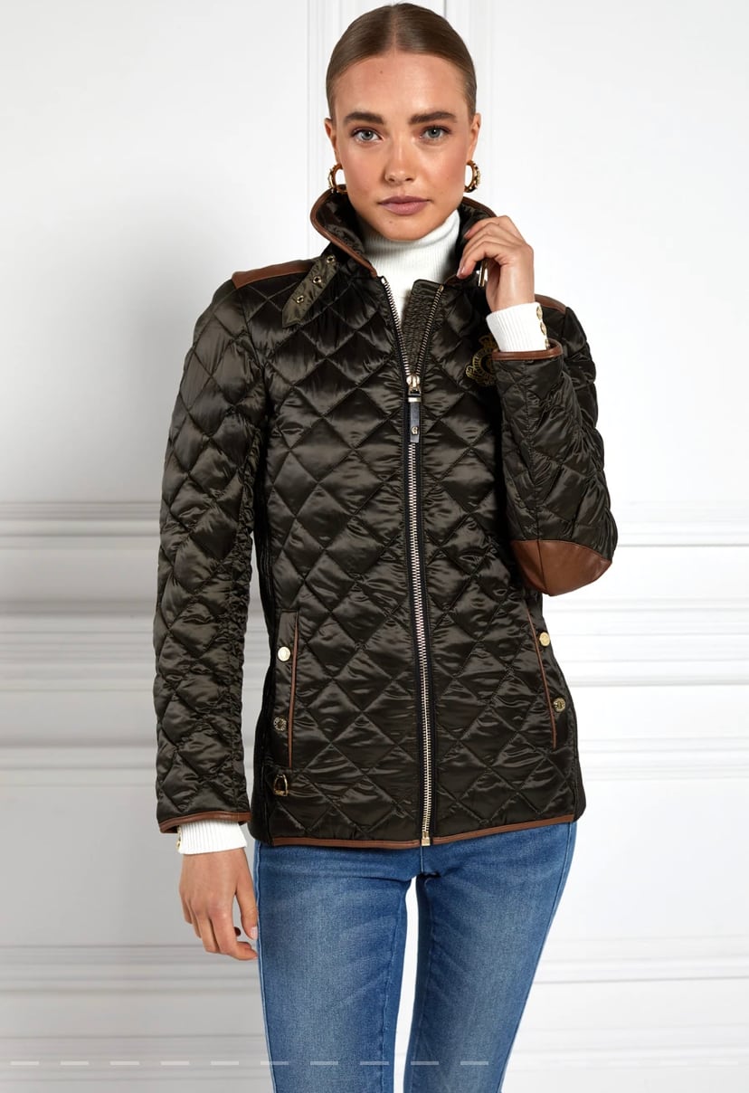 Women's quilted down jacket in black/khaki/dark navy/chocolate by Holland Cooper