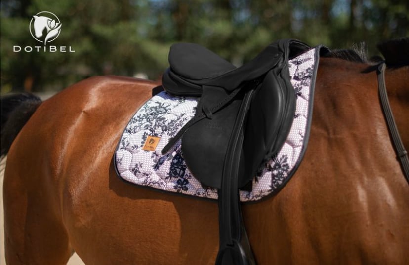 サテンレースサドルパッド&イヤーネット 2点セット ライトベージュ/ブラック 馬場用 障害用 ゼッケン