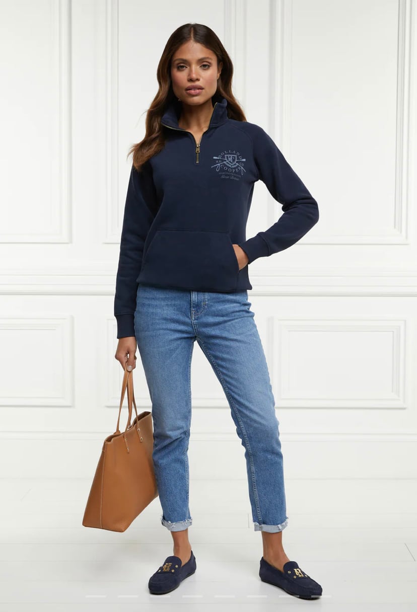 Women's Holland Cooper riding sweatshirt hoodie in navy/khaki/red