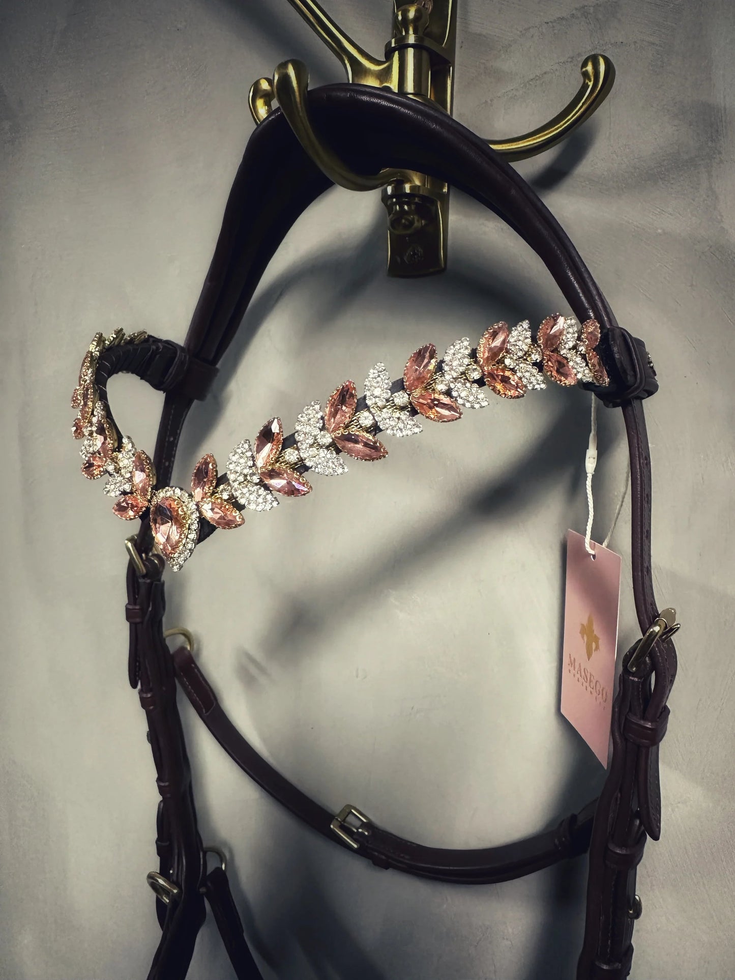 イタリアンレザー額革 ピーチクリスタル Masego スワロフスキー額革