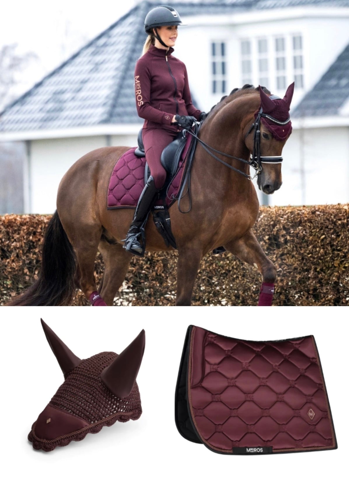 馬場用ゼッケン&イヤーネット2点セット ワインレッド Mrs Ros Equestrian